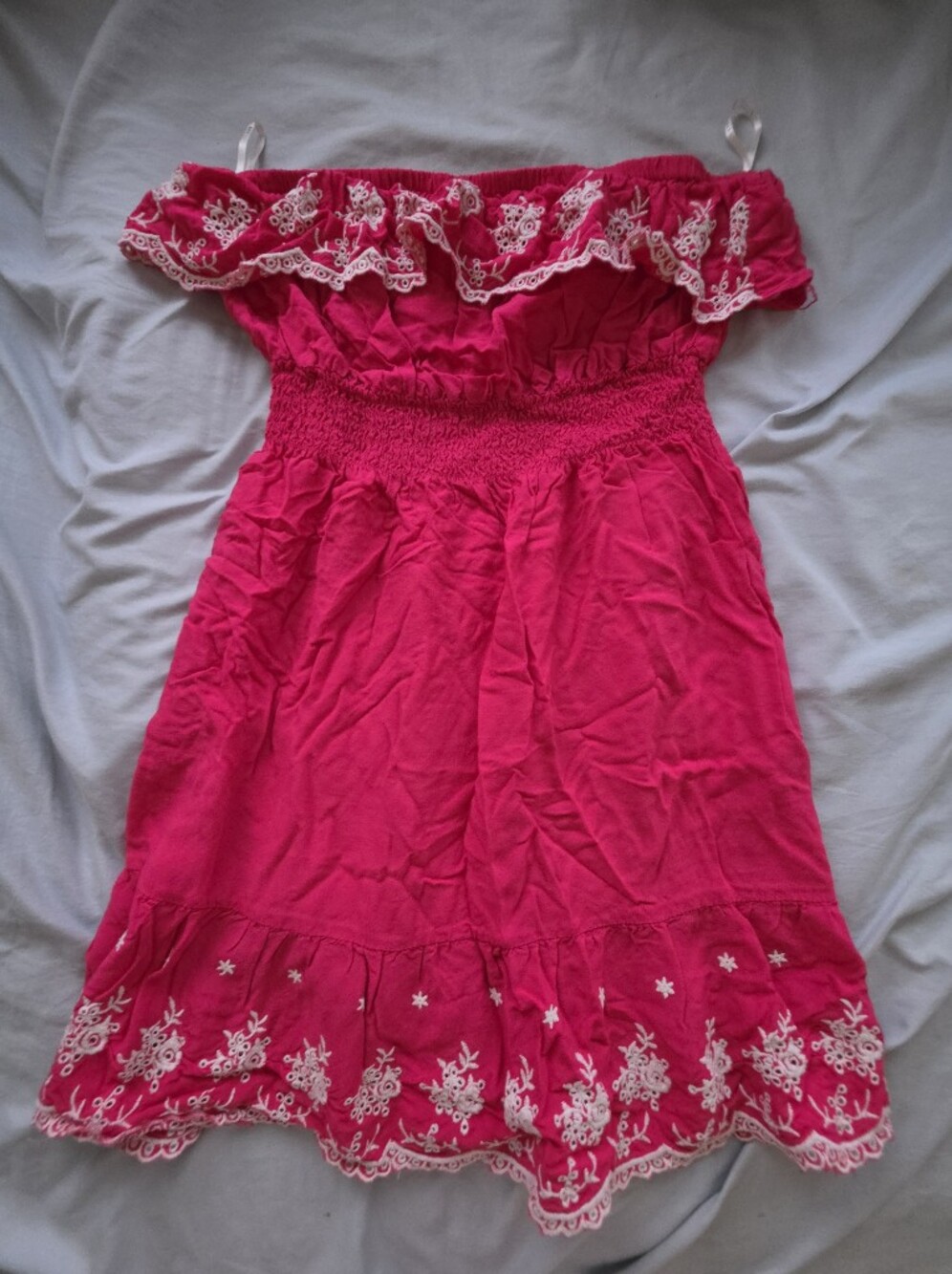 Forever 21 Hot Pink Off-Shoulder Smocked Dress with White Embroidery